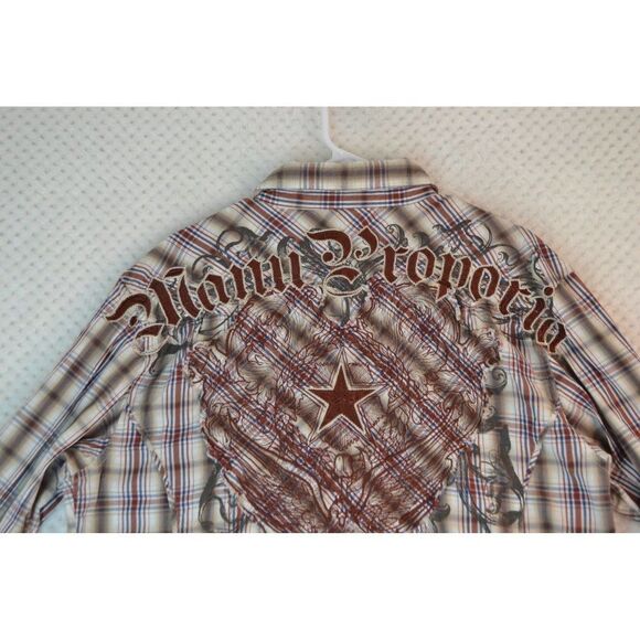 Manchester Men's Large Brown Plaid Embroidered Pearl Snap Western Shirt - Picture 9 of 16